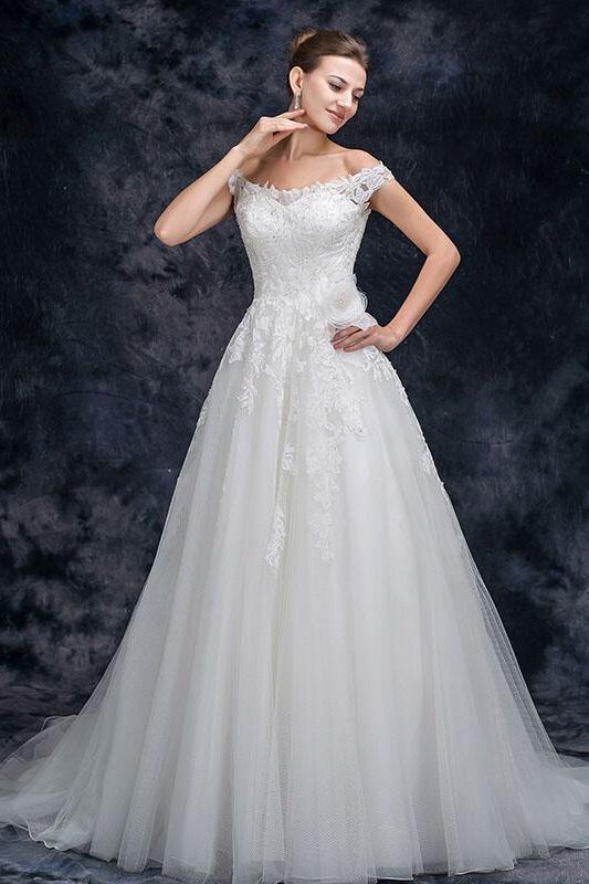 A Line Off the Shoulder Tulle Wedding Dress with Lace Appliques, Long Bridal Dresses UQ2293