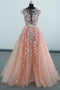See Through Cap Sleeves Floor Length Tulle Prom Dress with Appliques Belt UQ2326