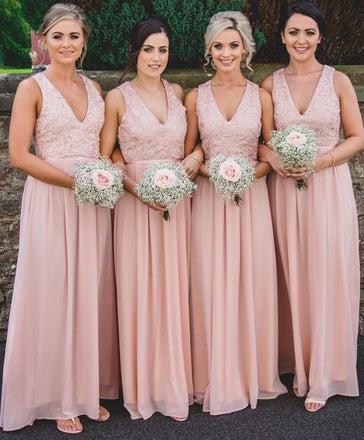 A Line V Neck Sleeveless Chiffon Long Bridesmaid Dress with Lace UQB0030