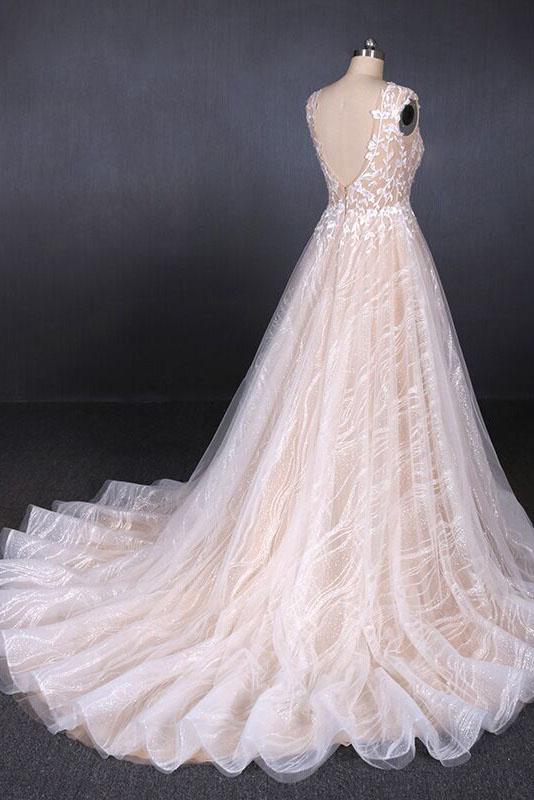 Puffy Sleeveless Lace Wedding Dresses, Elegant A Line Backless Bridal Dresses UQ2296