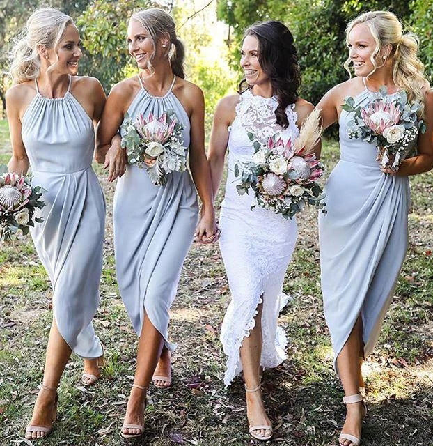 Grey-blue Halter Chiffon Tea-Length Bridesmaid Dresses, Wedding Party Uniquedresss Grey-blue Halter Chiffon Tea-Length Bridesmaid Dresses, Wedding Party Uniquedresss