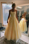 Yellow Puffy Spaghetti Straps Floor Length Prom Dress with Appliques, Long Evening Dress UQ2395