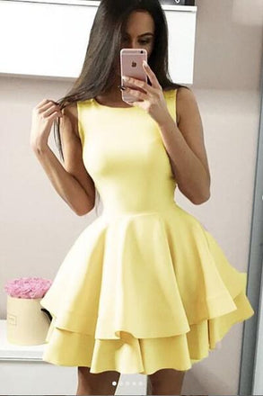 Yellow Two Tiers Sleeveless Satin Mini Party Dress, A Line Short Prom Gowns N2059