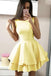 Yellow Two Tiers Sleeveless Satin Mini Party Dress, A Line Short Prom Gowns UQ2059