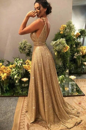 Gold V Neck Sequins Formal Dresses, A Line Sleeveless Sparkly Sweep Train Prom Dresses UQ2573