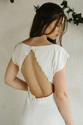 Sheath Cap Sleeves Long Wedding Dress, Simple Open Back Bridal Dresses UQ2492